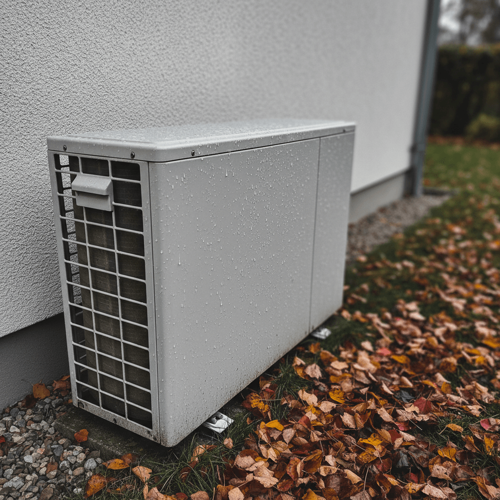 Moderne Wärmepumpe Außeneinheit an einem Einfamilienhaus