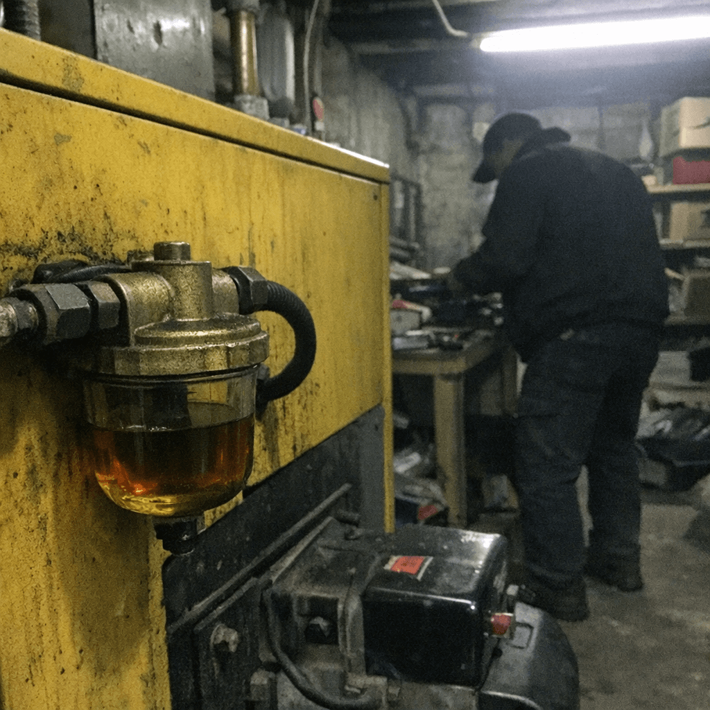 Heizungstechniker überprüft Ölbrenner im Heizungskeller