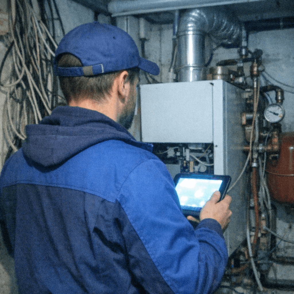 Detaillierte Ansicht einer Gastherme während der Inspektion